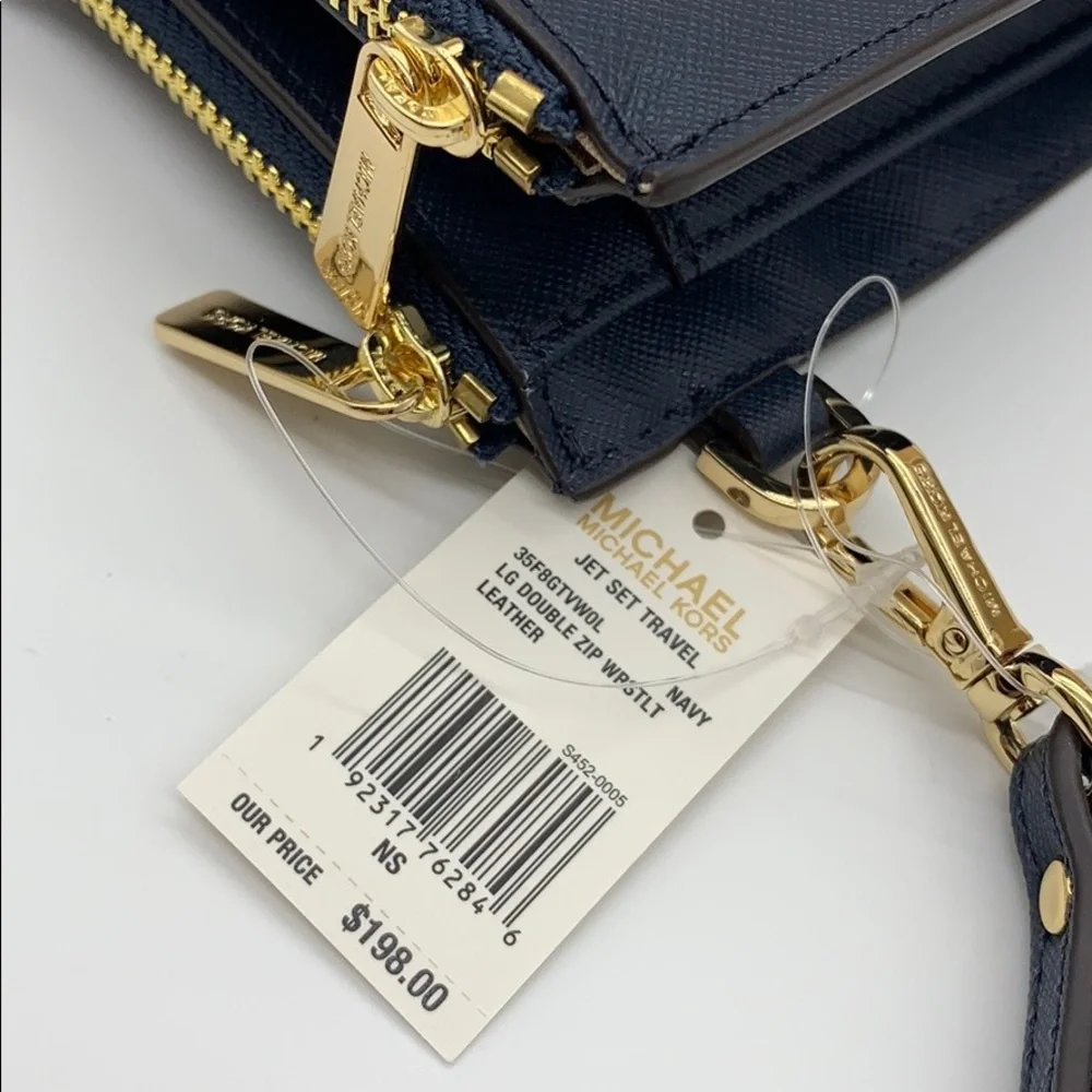 MICHAEL KORS LG DOUBLE ZIP WRISTLET PHONE CASE - wallet Navy NWT - Picture 12 of 16